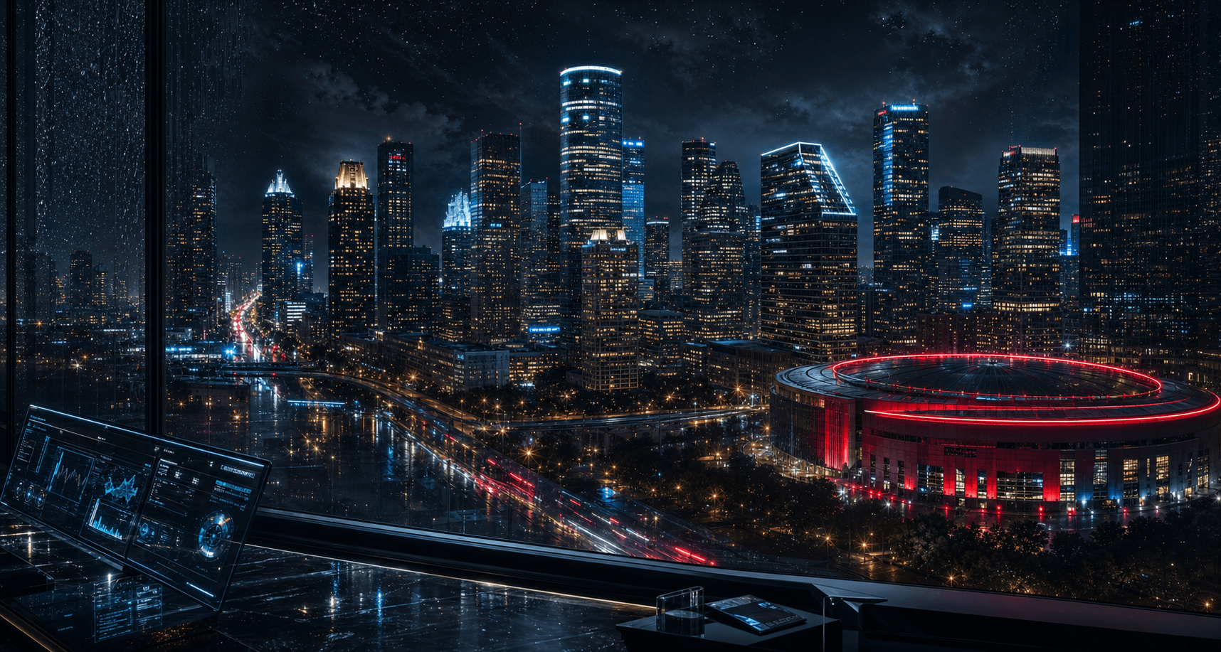 Rendered Houston-inspired skyline at night with red arena lighting